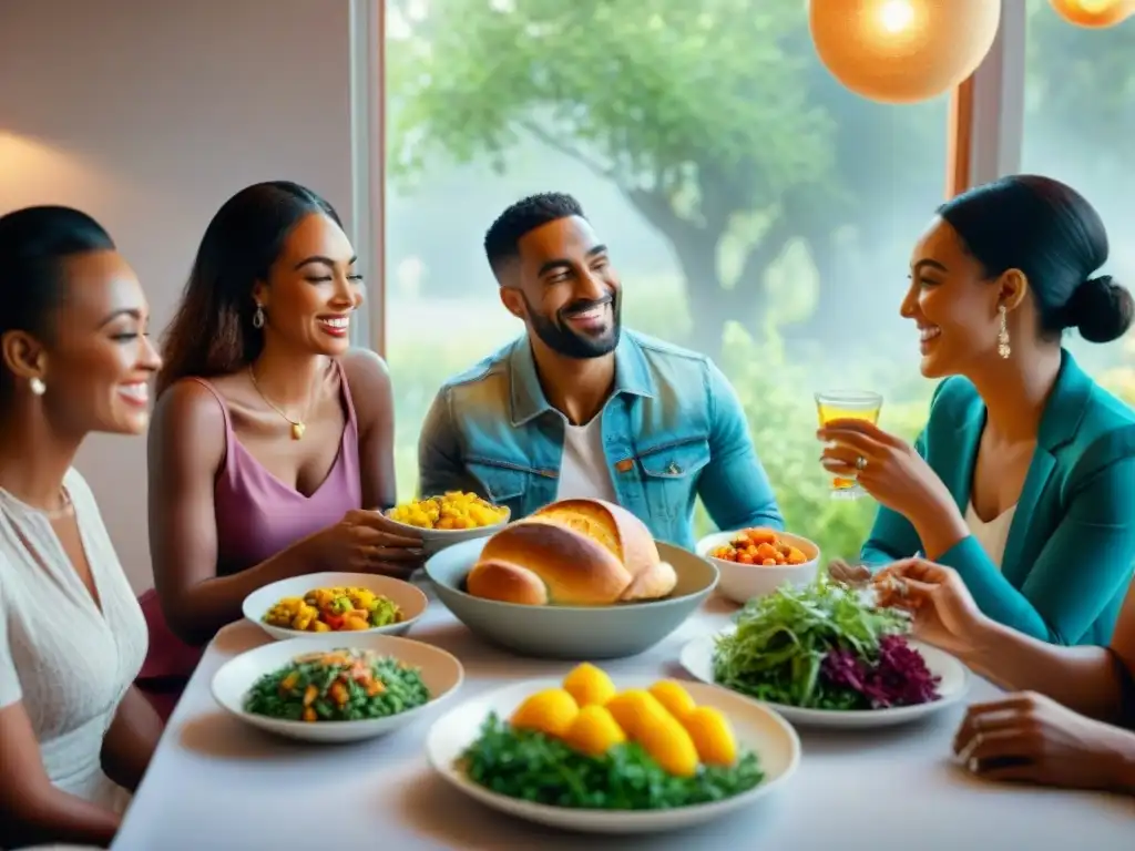 Un grupo diverso de personas comparte una comida sin gluten, en un ambiente cálido y acogedor