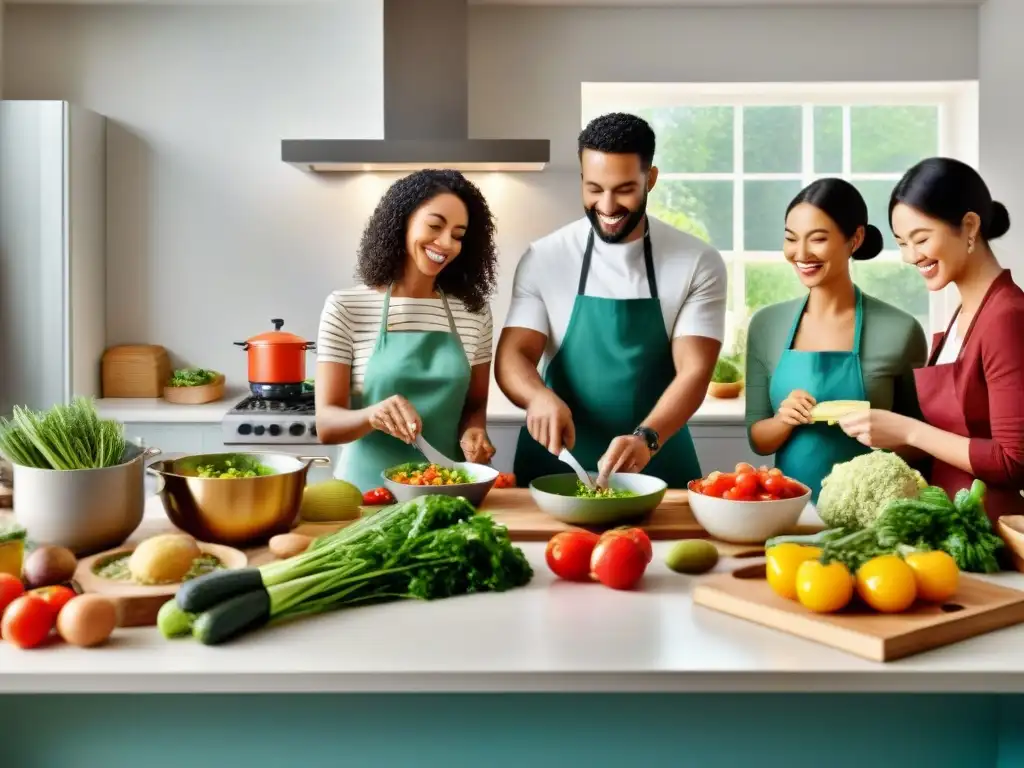 Un grupo diverso de personas planificando comidas sin gluten en una cocina luminosa y acogedora