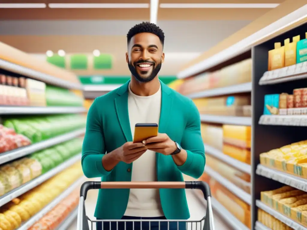 Un grupo diverso de personas disfruta de compras sin gluten en un supermercado moderno, seleccionando productos con alegría y atención