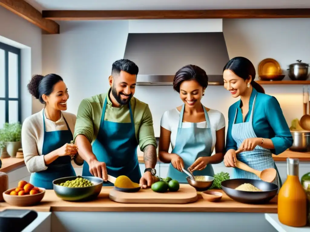 Un grupo diverso de personas de distintas culturas cocinando juntas en una cocina decorada, con ingredientes sin gluten y utensilios tradicionales