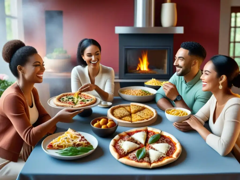 Un grupo diverso de personas disfruta una deliciosa comida congelada sin gluten en una mesa hermosamente decorada