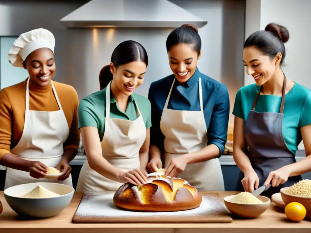 Un grupo diverso de personas de diferentes edades y orígenes cocinando juntos técnicas panadería sin gluten innovadoras en una cocina moderna