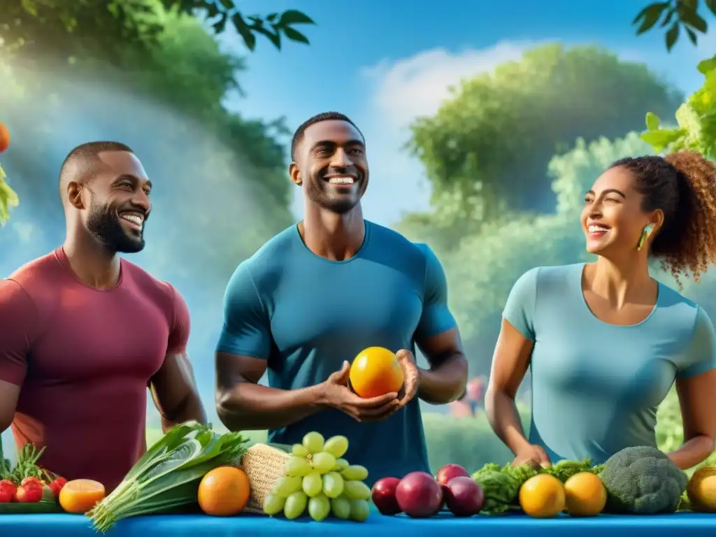 Un grupo diverso de personas con enfermedad celíaca disfruta de actividades al aire libre, sosteniendo frutas y verduras ricas en vitamina E bajo un cielo azul