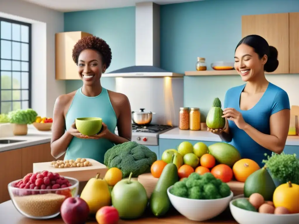 Un grupo diverso de personas con enfermedad celíaca disfrutan de actividades en una cocina llena de alimentos sin gluten y suplementos para celíacos