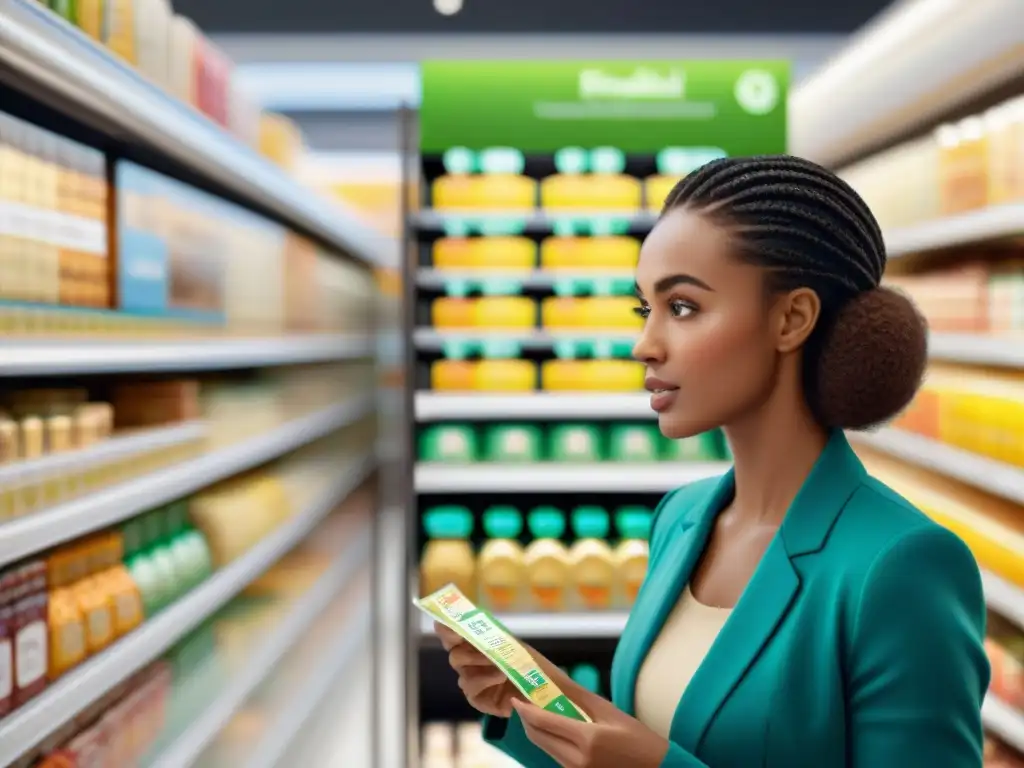 Un grupo diverso de personas estudia etiquetado alimentos sin gluten en el pasillo de un supermercado