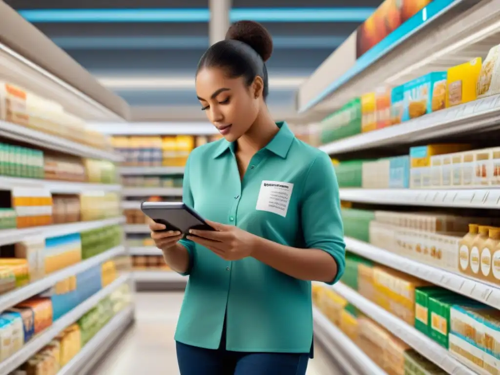 Personas diversas leyendo etiquetas de alimentos en el supermercado Un grupo diverso de personas lee detenidamente etiquetas de alimentos sin gluten en un supermercado, mostrando concentración y determinación
