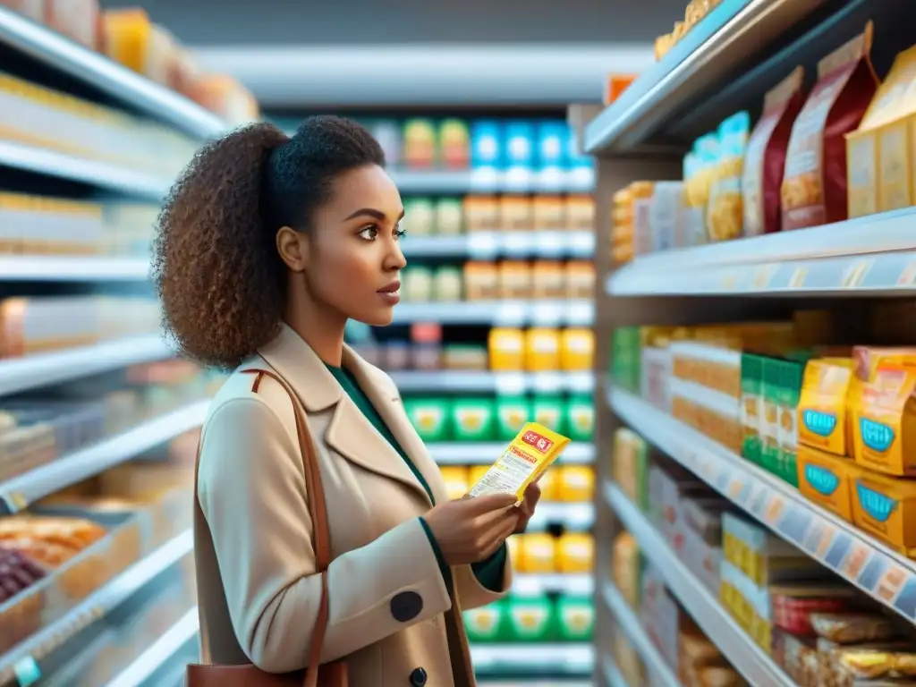 Un grupo diverso de personas comparando etiquetas de snacks sin gluten en un supermercado iluminado, expresando concentración y determinación