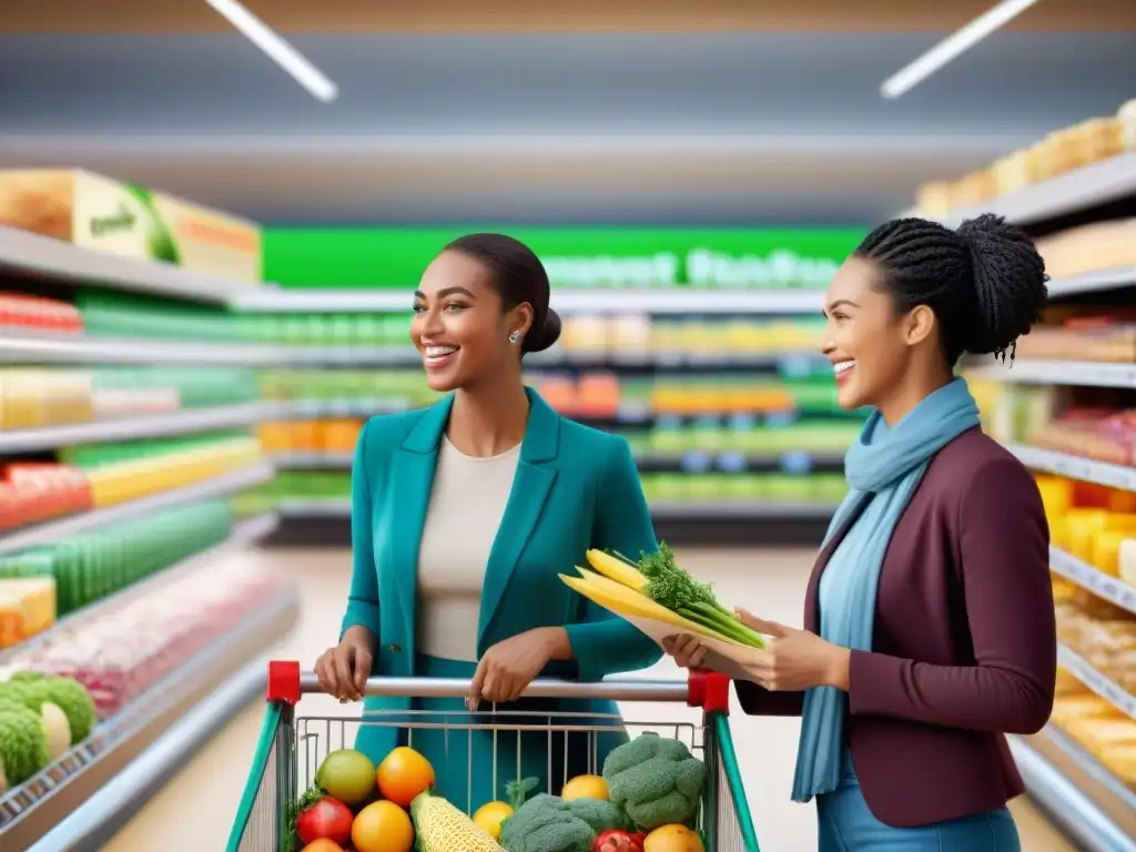 Grupo diverso de personas felices comprando alimentos sin gluten en un supermercado vibrante y moderno