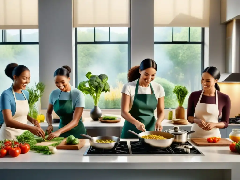 Un grupo diverso de personas felices cocinando juntas en una cocina moderna y espaciosa llena de ingredientes sin gluten