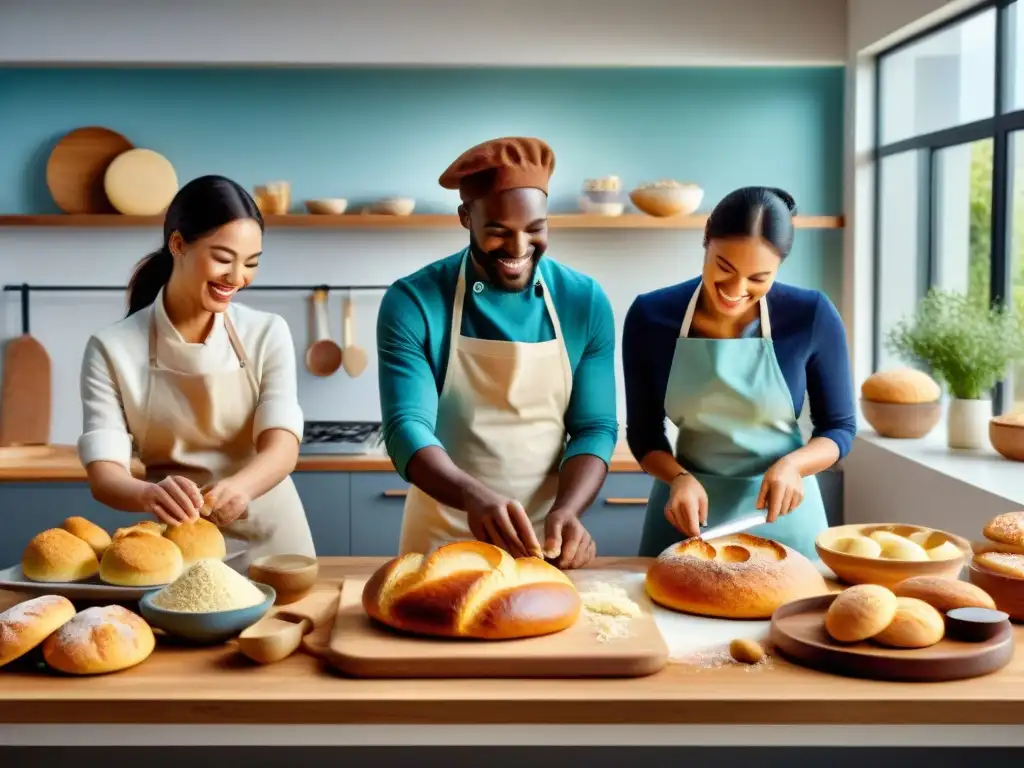 Un grupo diverso de personas felices horneando y probando harinas sin gluten para panadería en una cocina moderna y luminosa