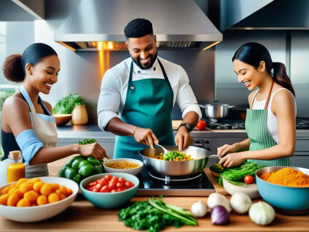 Un grupo diverso de personas felices preparando y disfrutando platos sin gluten juntos en una cocina moderna y luminosa