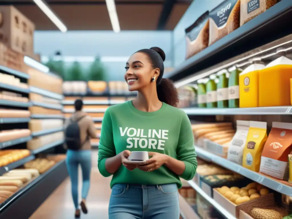 Un grupo diverso de personas felices explorando tiendas online sin gluten innovadoras