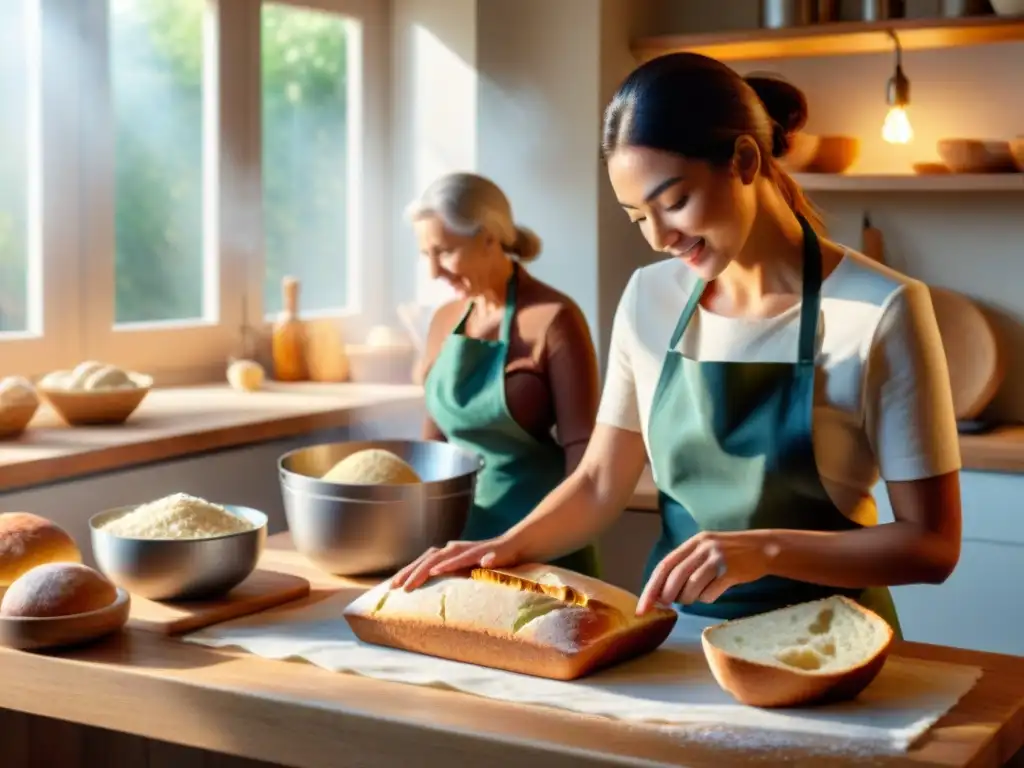 Un grupo diverso de personas felices horneando pan sin gluten en una cocina acogedora y soleada