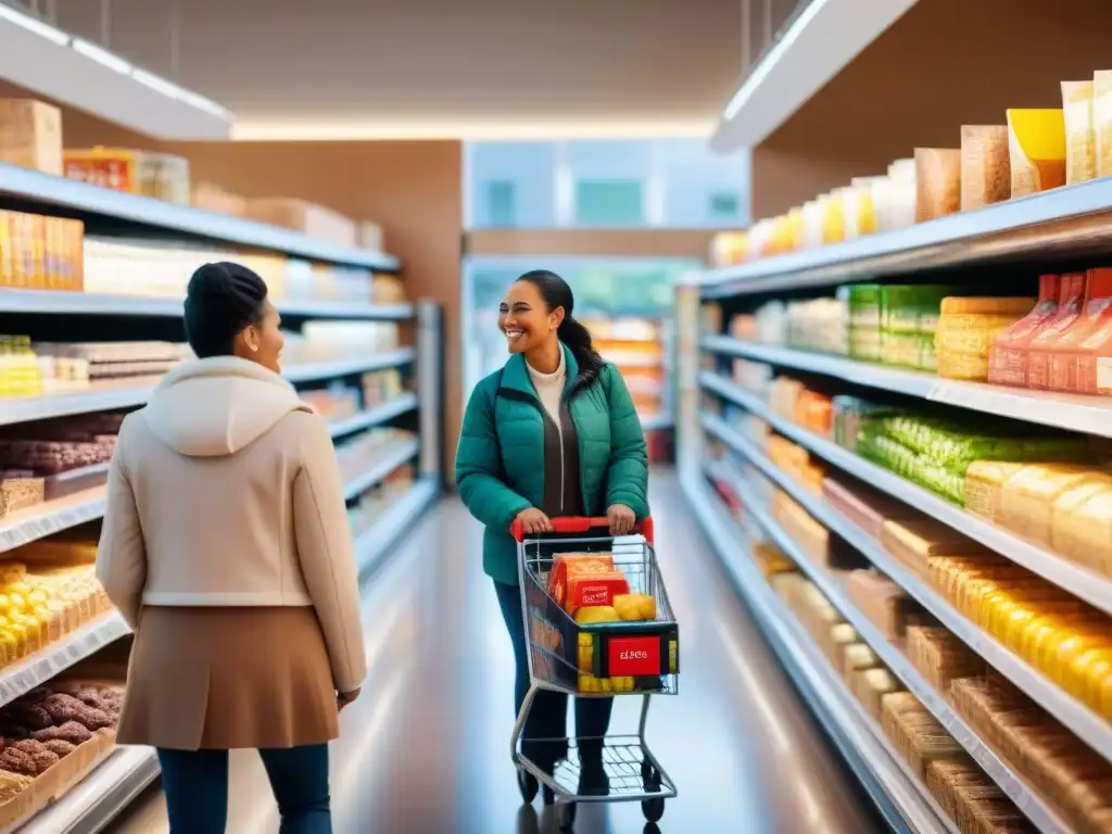 Un grupo diverso de personas felices comprando juntas en un supermercado moderno con productos sin gluten y alergias