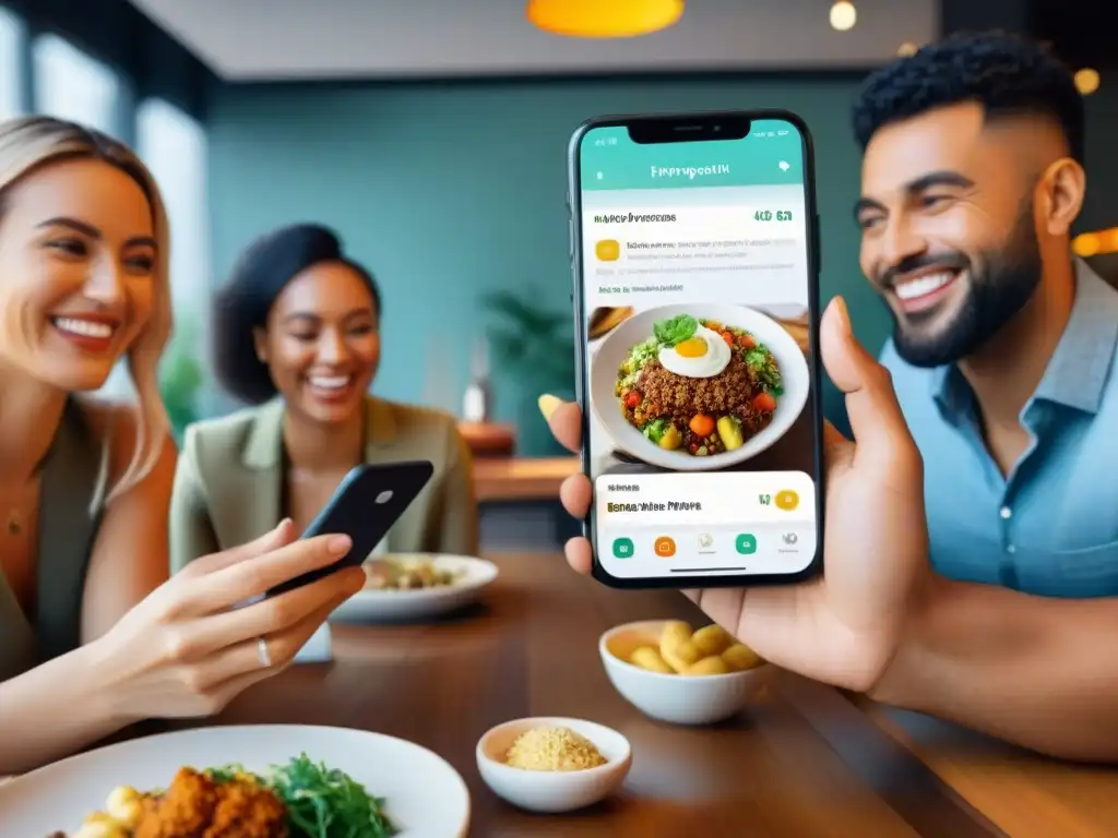 Un grupo diverso de personas felices explorando apps para restaurantes sin gluten en smartphones en un restaurante acogedor y moderno