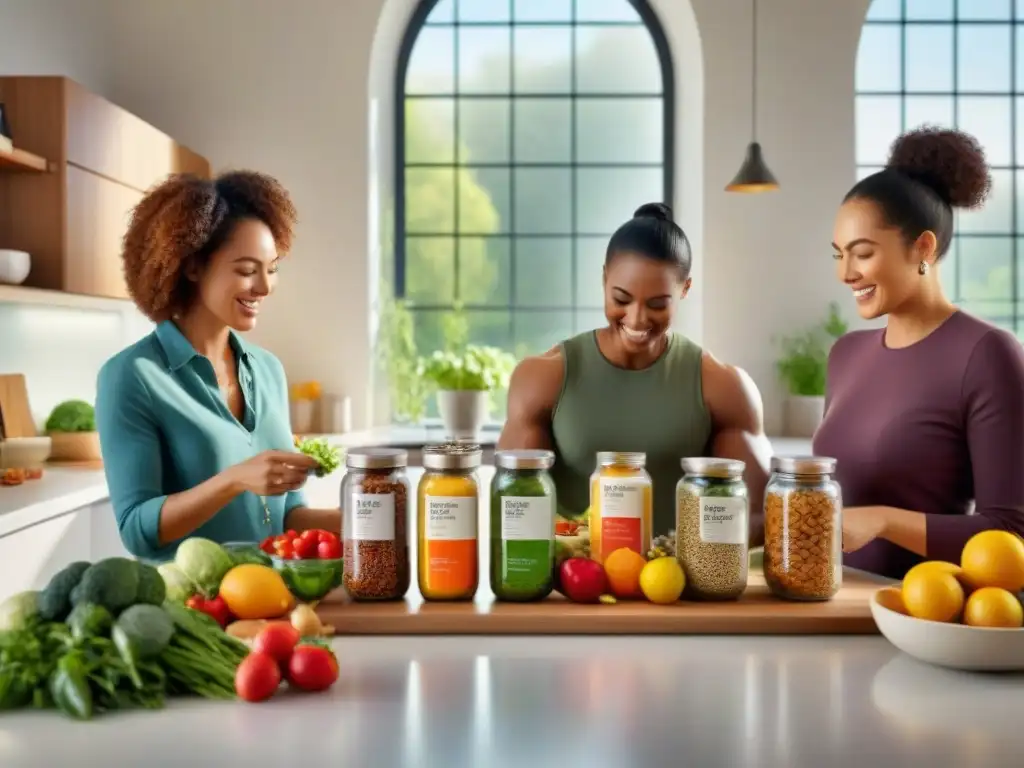 Un grupo diverso de personas felices preparando coloridas comidas sin gluten con vitaminas en una cocina moderna y bien iluminada