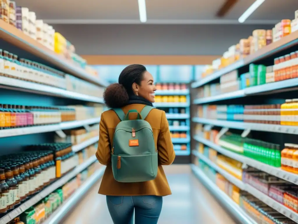 Un grupo diverso de personas felices comprando suplementos vitamínicos sin gluten en una tienda de alimentos saludables moderna y bien iluminada