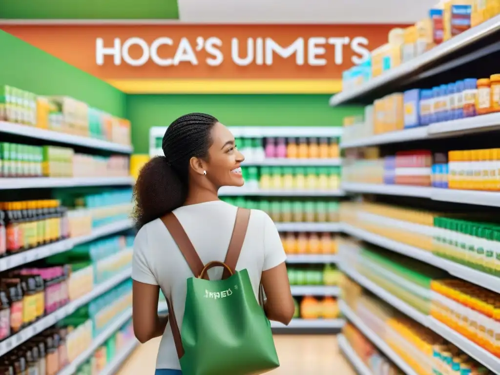 Un grupo diverso de personas felices comprando suplementos vitamínicos sin gluten en una tienda de alimentos saludables