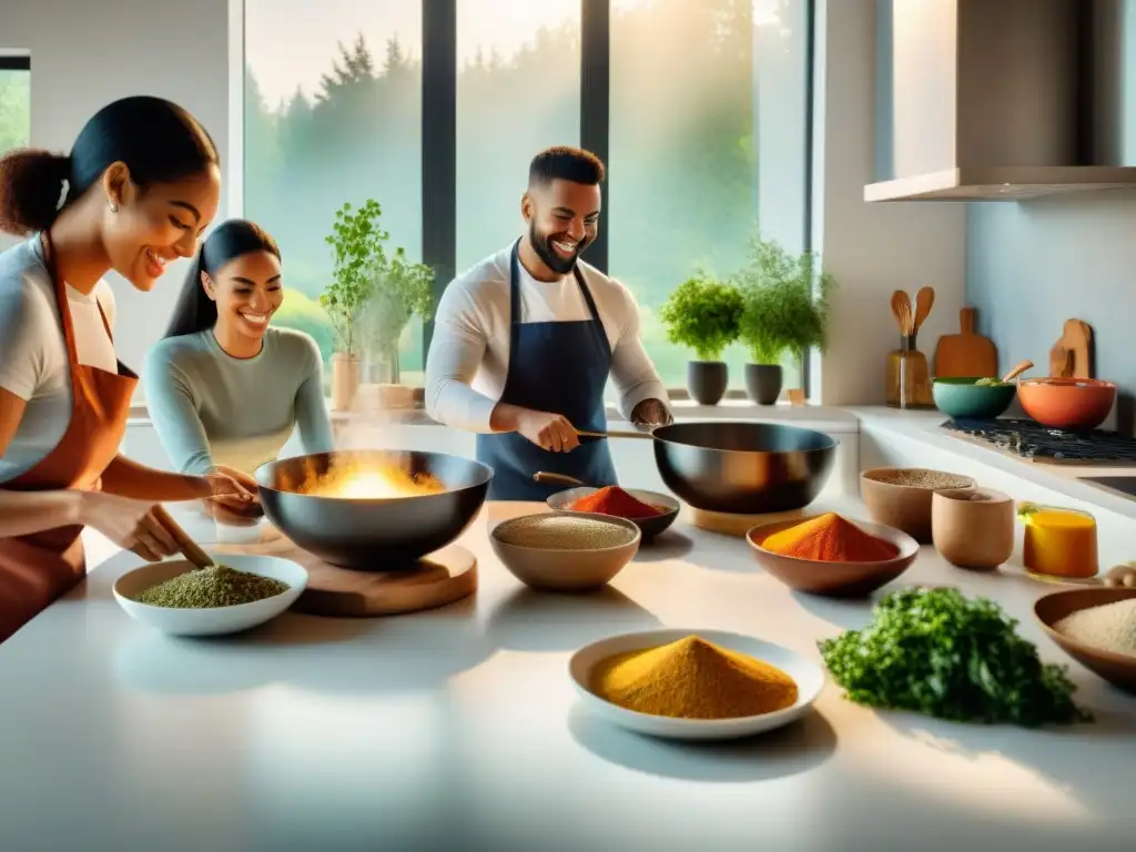 Un grupo diverso de personas cocinando felices juntas en una cocina moderna, con ingredientes sin gluten y libros de recetas