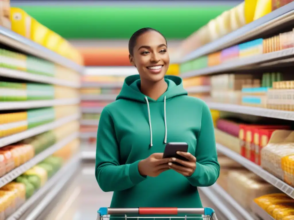 Un grupo diverso de personas felices compara productos sin gluten en un supermercado, usando una aplicación de lista de compras para dieta sin gluten