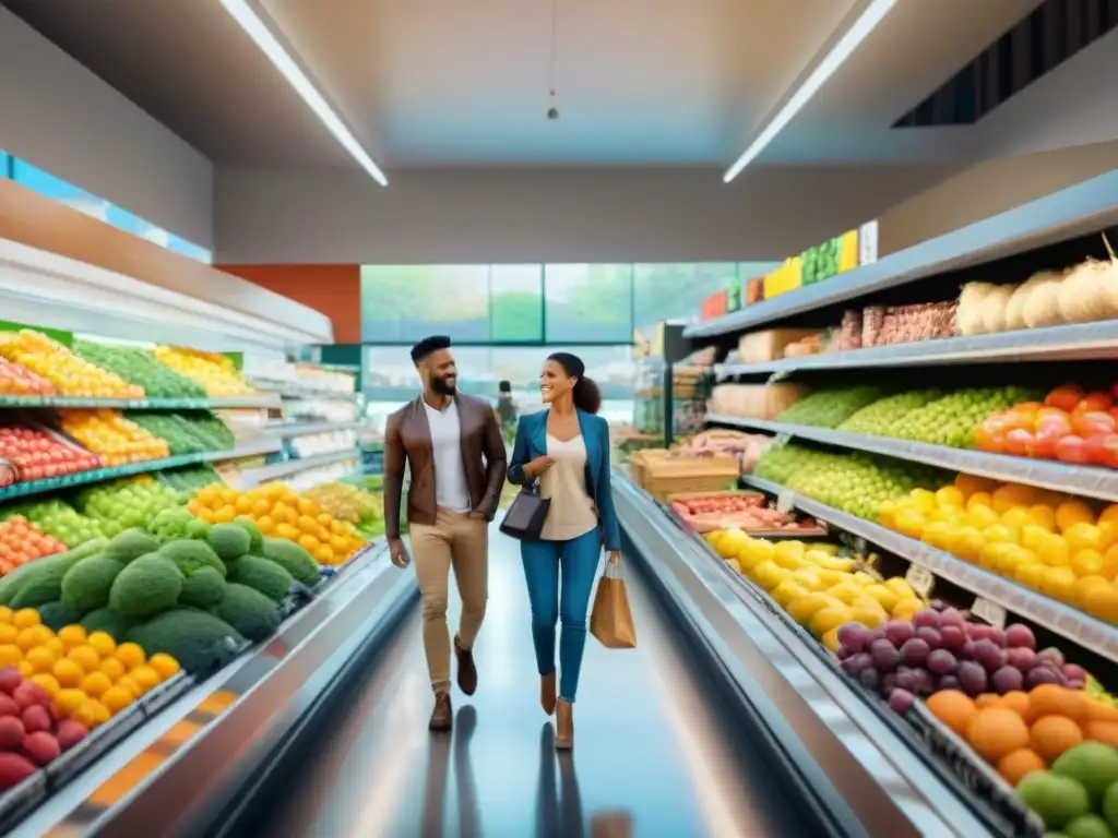 Un grupo diverso de personas felices comprando juntas en un supermercado vibrante con productos sin gluten