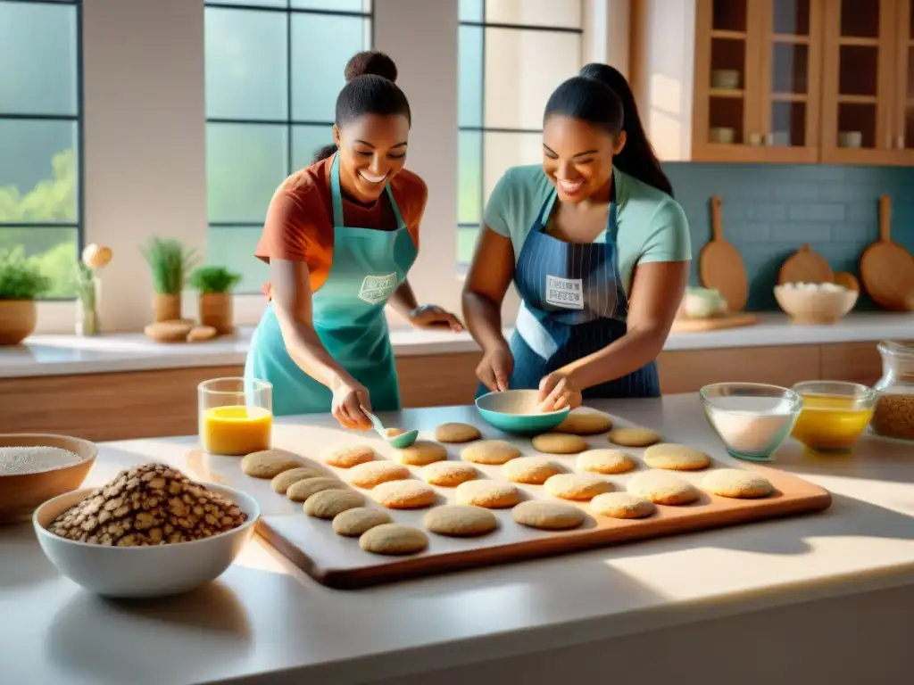 Un grupo diverso de personas felices horneando y decorando galletas sin gluten juntos en una cocina luminosa y espaciosa