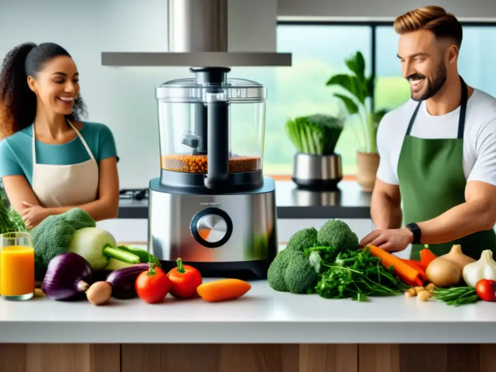 Un grupo diverso de personas cocinando felices juntas en una cocina moderna con ingredientes frescos, usando un procesador de alimentos