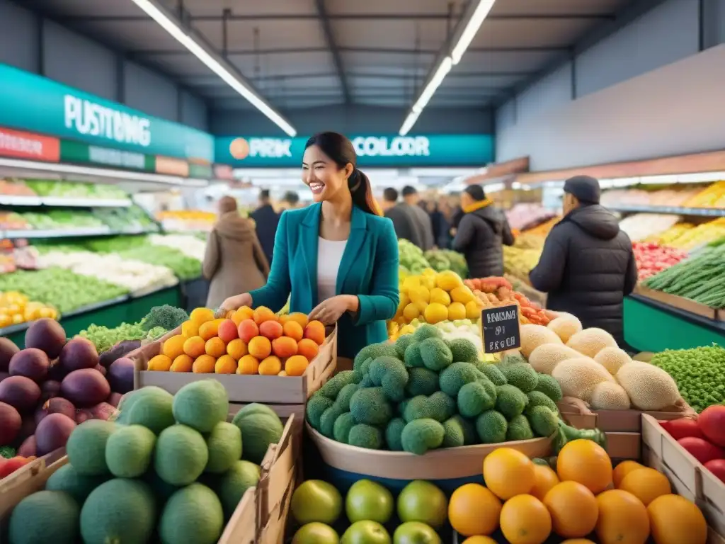 Un grupo diverso de personas selecciona frutas y verduras en un mercado animado y colorido, siguiendo una dieta FODMAP baja gluten accesible