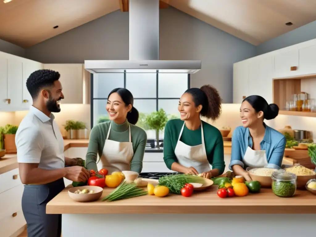 Un grupo diverso de personas cocinando sin gluten en una cocina moderna y luminosa