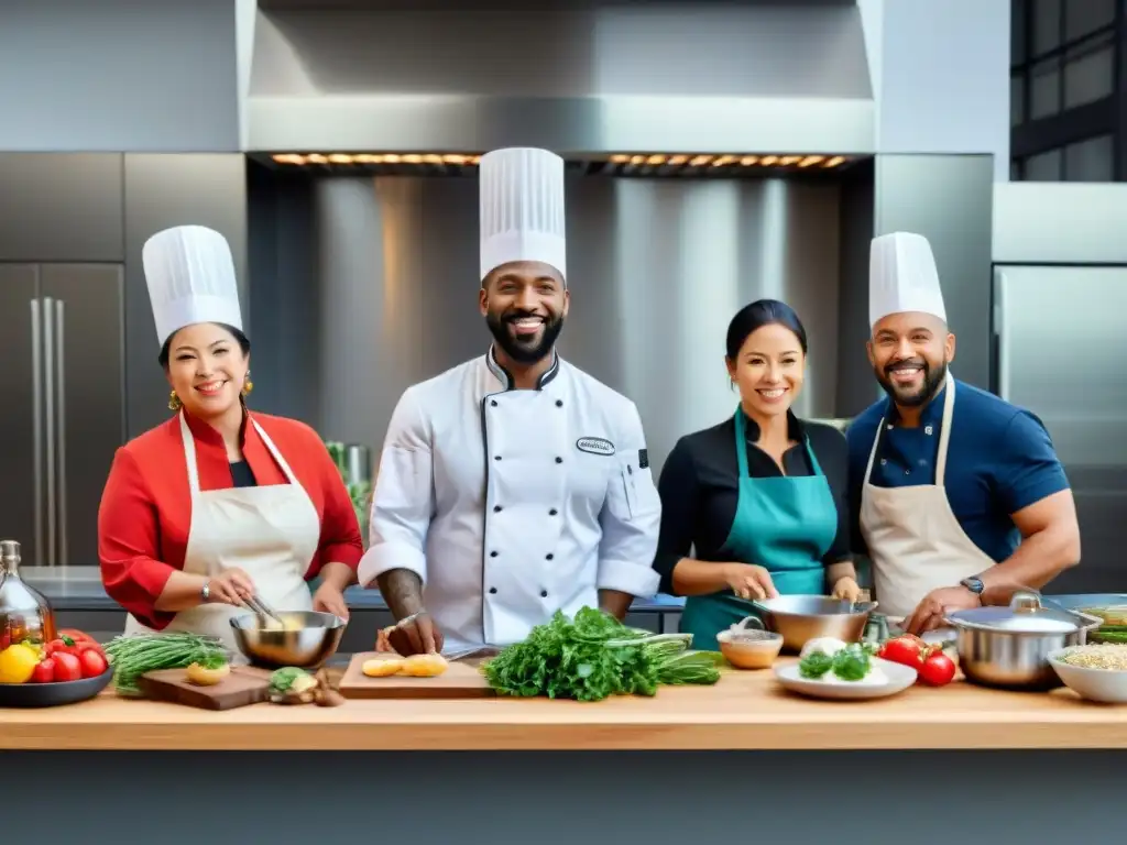 Un grupo diverso de personas se reúne en una isla de cocina con platos sin gluten, creando una atmósfera de networking gastronómico sin gluten