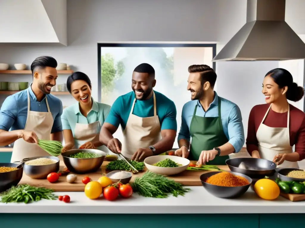 Un grupo diverso de personas cocinando juntas en una cocina moderna y bien equipada, preparando apasionadamente recetas sin gluten innovadoras