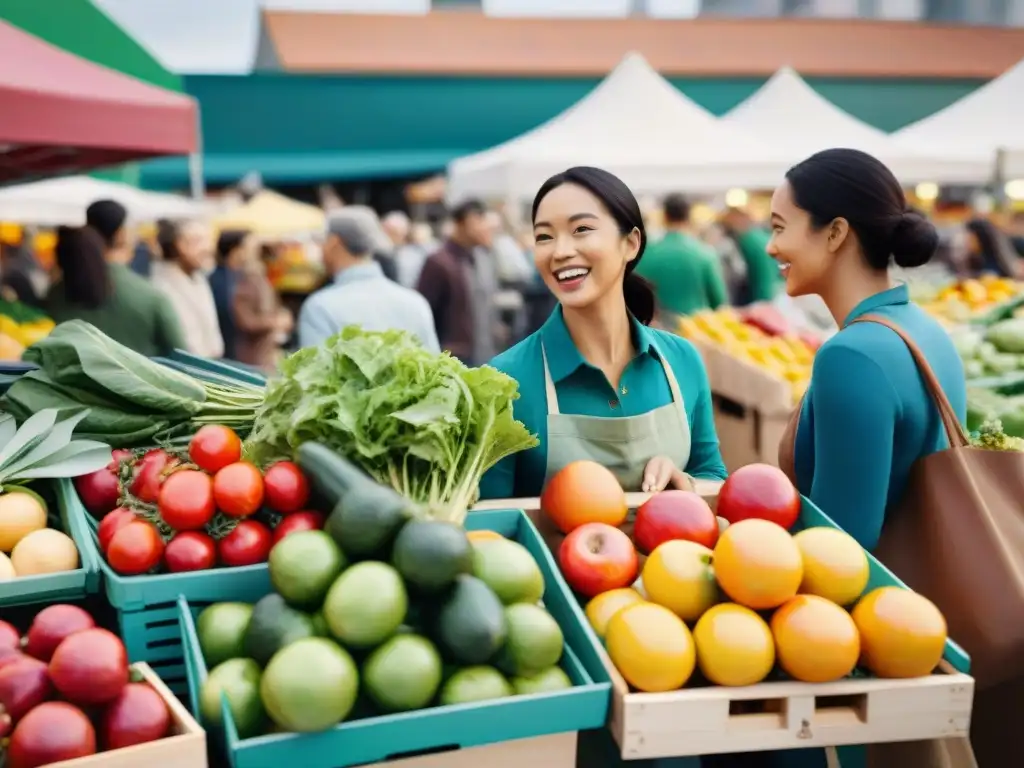 Un grupo diverso de personas disfruta comprando juntas en un animado mercado de agricultores, seleccionando productos frescos y sin gluten