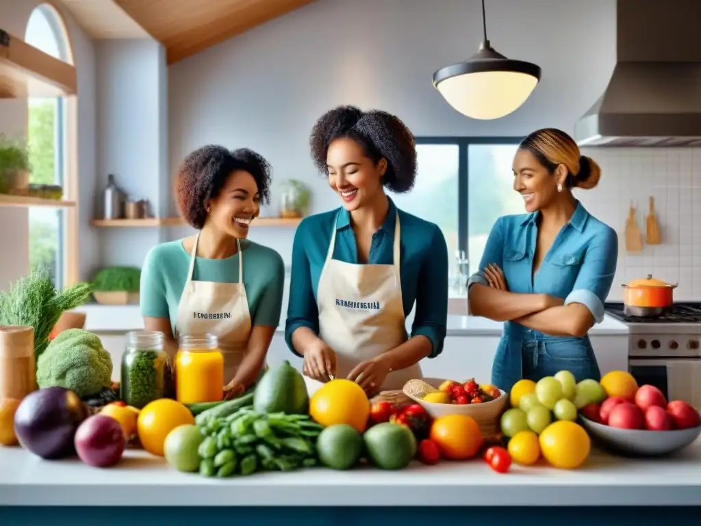 Cocina feliz con comidas sin gluten: diversidad y alegría Un grupo diverso de personas disfruta cocinando juntas en una cocina soleada llena de alimentos sin gluten, transmitiendo alegría y camaradería
