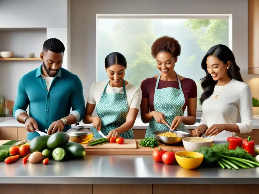 Un grupo diverso de personas cocinando juntas en una cocina con libros de recetas sin gluten abiertos