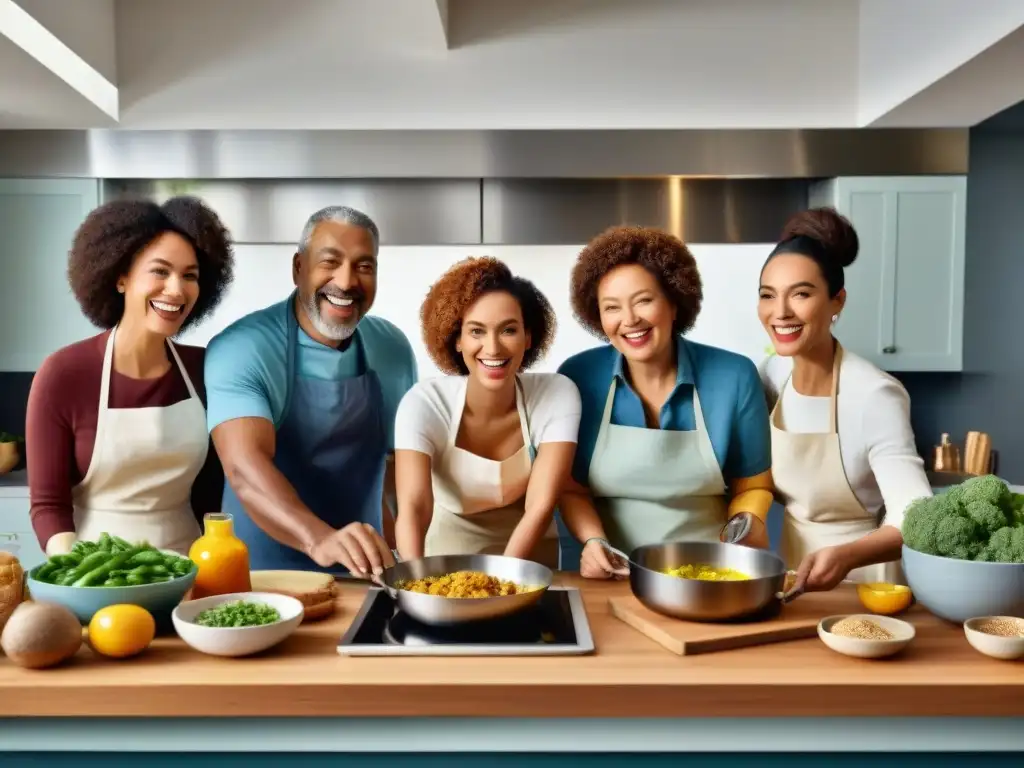 Un grupo diverso de personas cocinando juntas platos sin gluten de libros de cocina, en un ambiente cálido y de camaradería