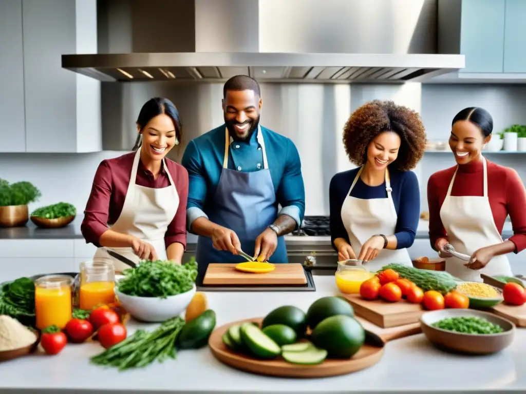 Un grupo diverso de personas cocinando juntas con alegría en una cocina moderna, preparando recetas sin gluten innovadoras