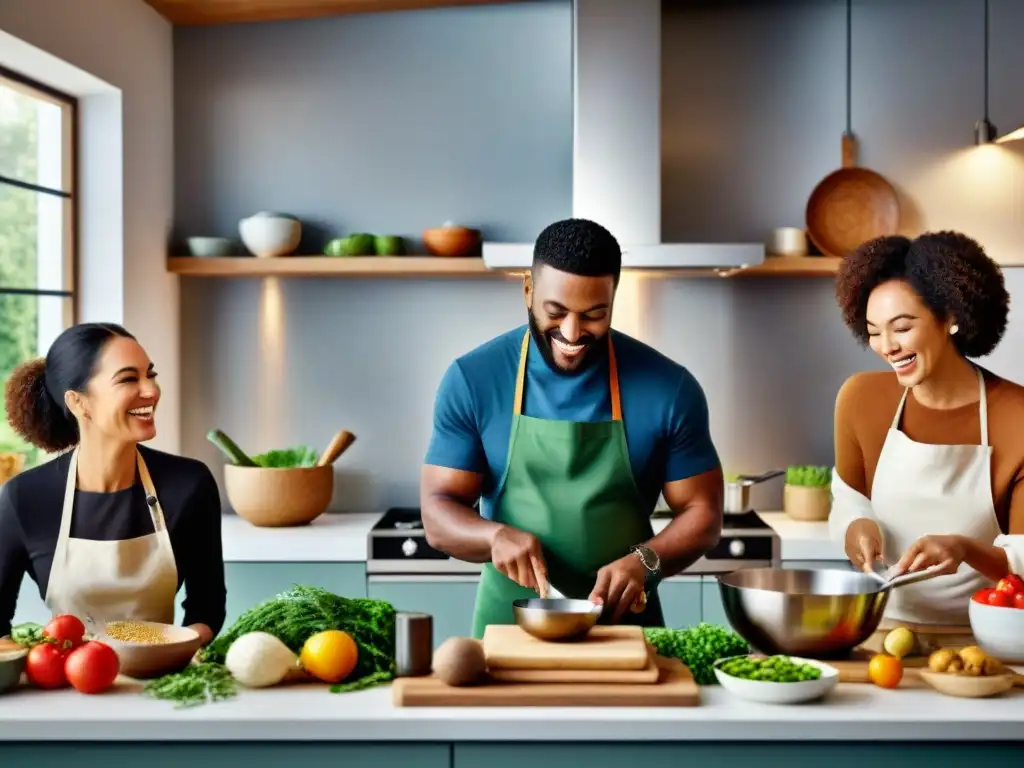 Un grupo diverso de personas sonriendo y cocinando juntas en una cocina moderna y bien equipada llena de ingredientes sin gluten