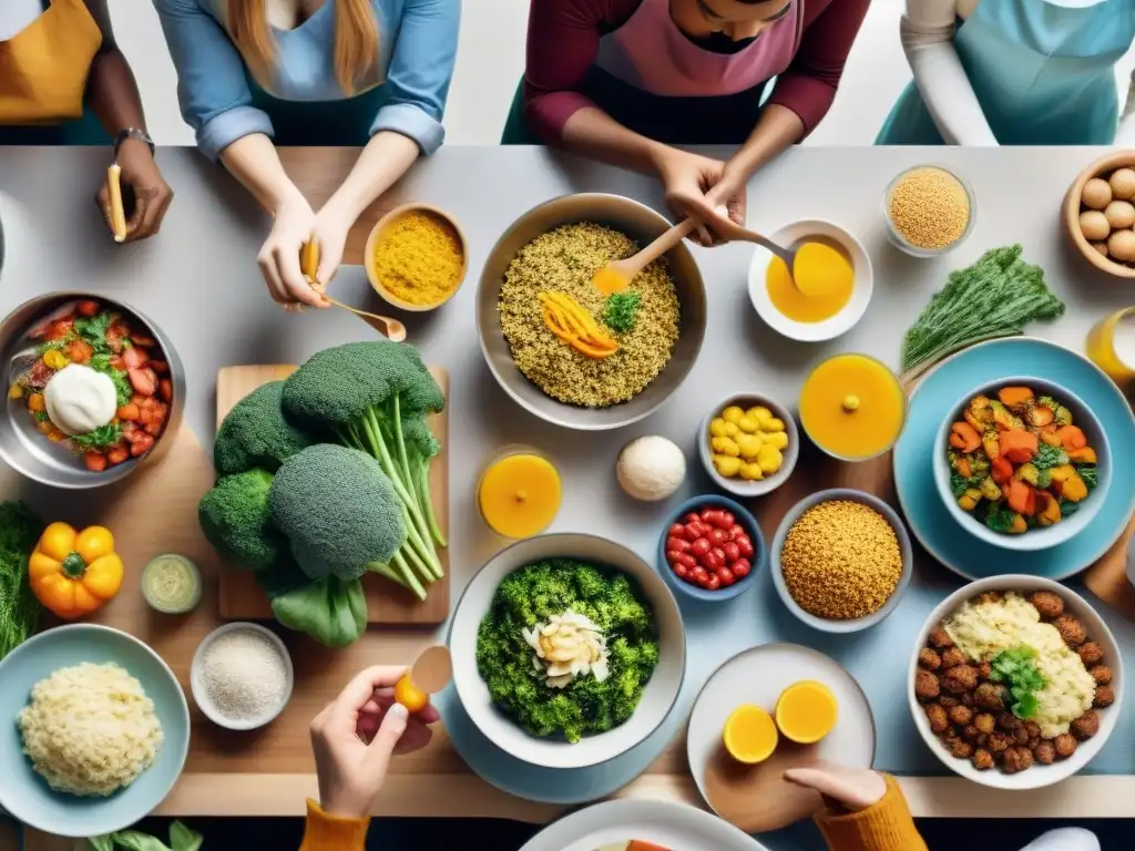 Un grupo diverso de personas prepara juntas platos sin gluten en una mesa llena de ingredientes coloridos y utensilios de cocina