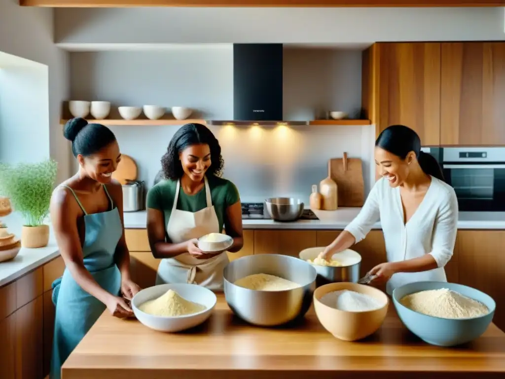 Un grupo diverso de personas hornea juntas en una cocina soleada, con ingredientes libres de gluten