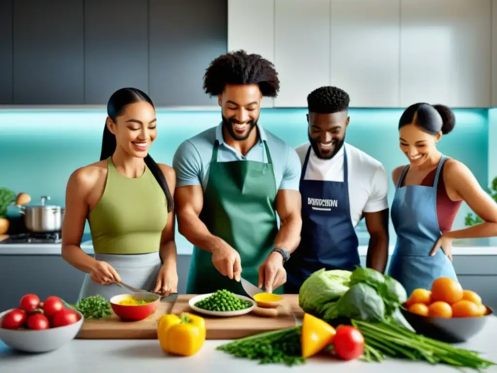 Un grupo diverso de personas sonriendo y preparando juntos una comida saludable y sin gluten en una cocina moderna y bien iluminada