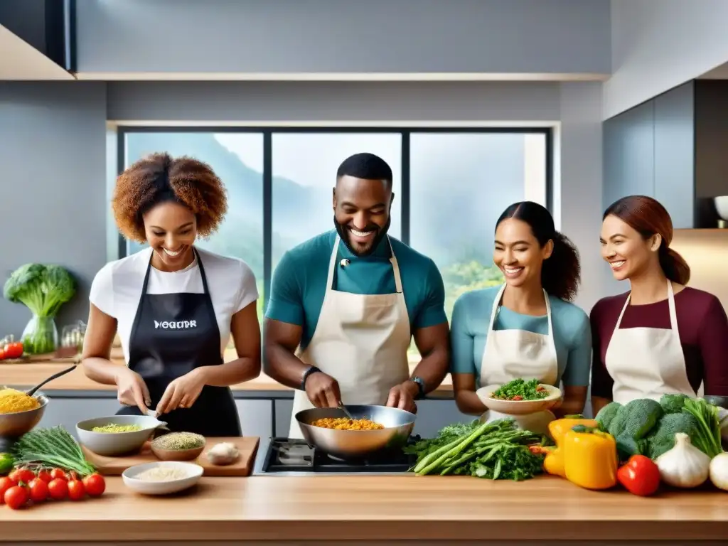 Un grupo diverso de personas sonriendo y cocinando juntos en una cocina moderna y bien equipada, preparando alimentos sin gluten