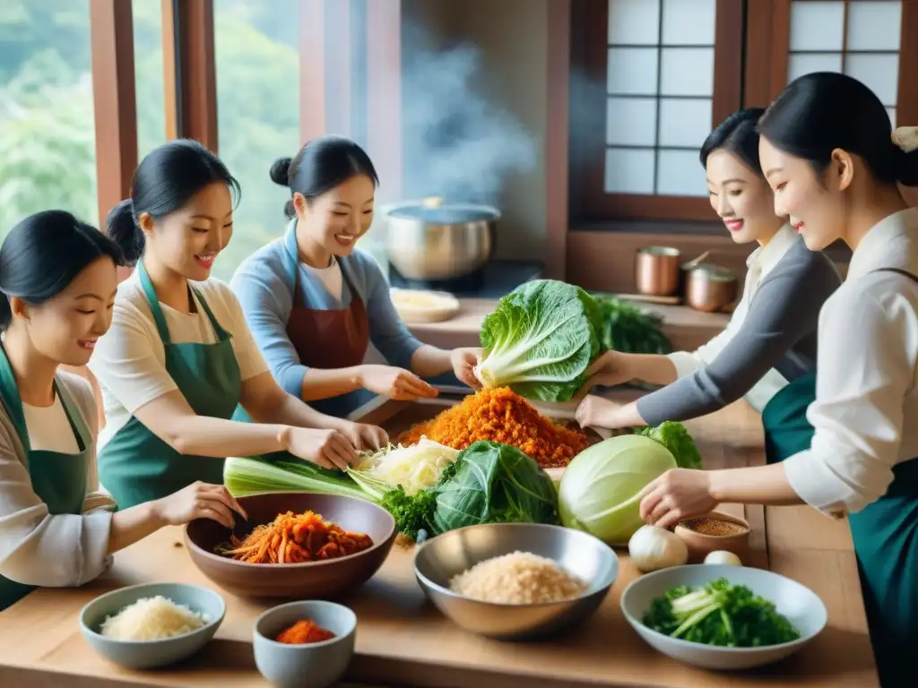 Un grupo diverso de personas prepara kimchi sin gluten en una mesa de madera, capturando la esencia de comunidad y arte culinario