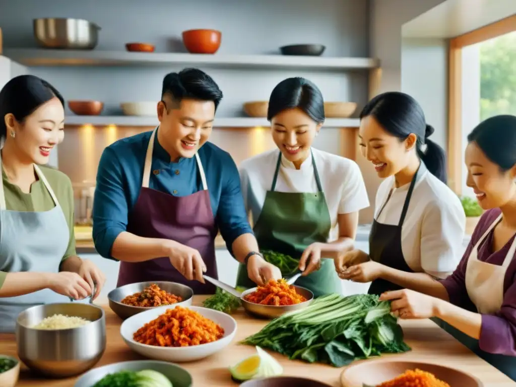 Un grupo diverso de personas prepara kimchi sin gluten en una cocina amplia y soleada, mostrando armonía y diversidad cultural