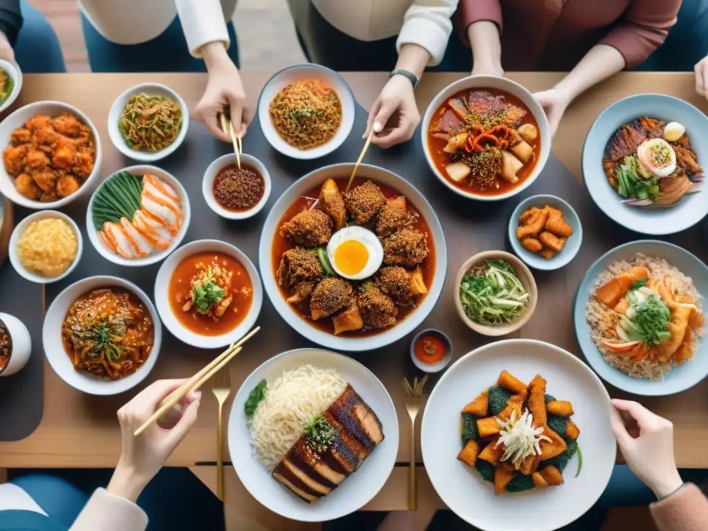 Un grupo diverso de personas sonríe y disfruta de kimchis sin gluten en una mesa bellamente decorada con elementos tradicionales coreanos