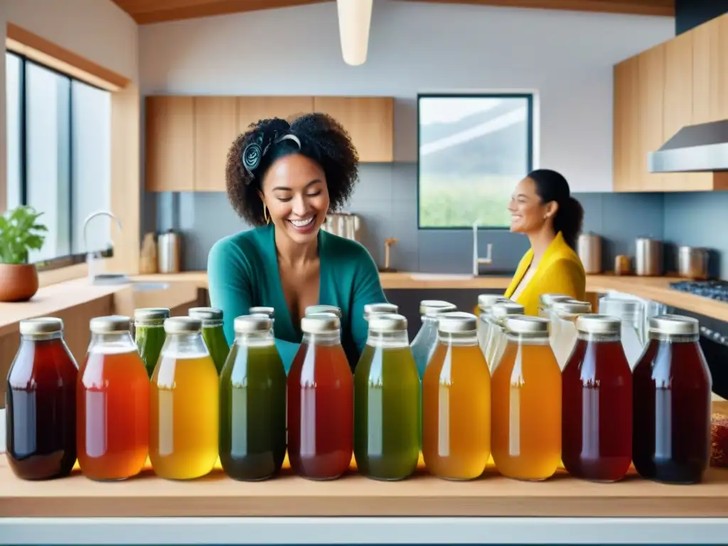 Un grupo diverso de personas preparando y embotellando kombucha sin gluten en una cocina moderna y luminosa, mostrando pasos y técnicas variadas