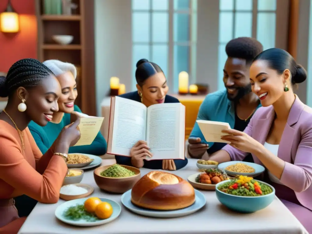 Un grupo diverso de personas disfruta de Literatura culinaria sin gluten en torno a una mesa exquisitamente decorada