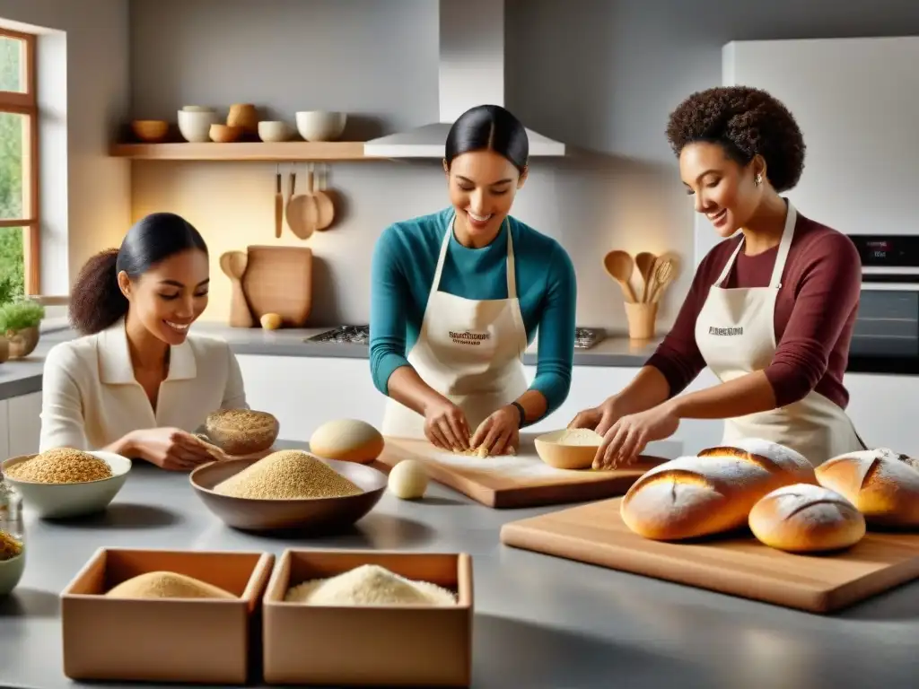 Un grupo diverso de personas preparando panes y masas sin gluten con detalle y armonía en una cocina iluminada cálidamente