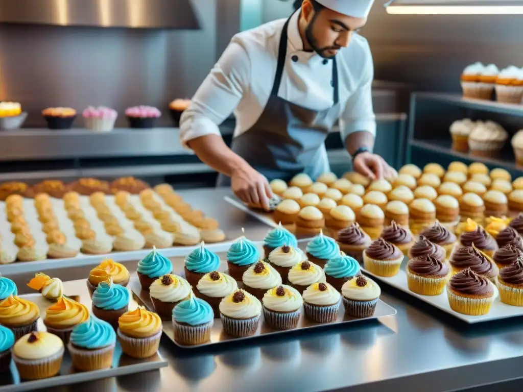 Un grupo diverso de personas hornea y decora pasteles sin gluten en cocina moderna