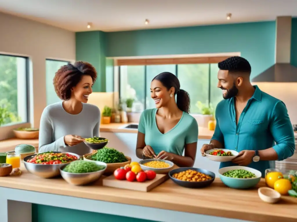 Un grupo diverso de personas preparando y compartiendo platos sin gluten en una cocina luminosa y acogedora