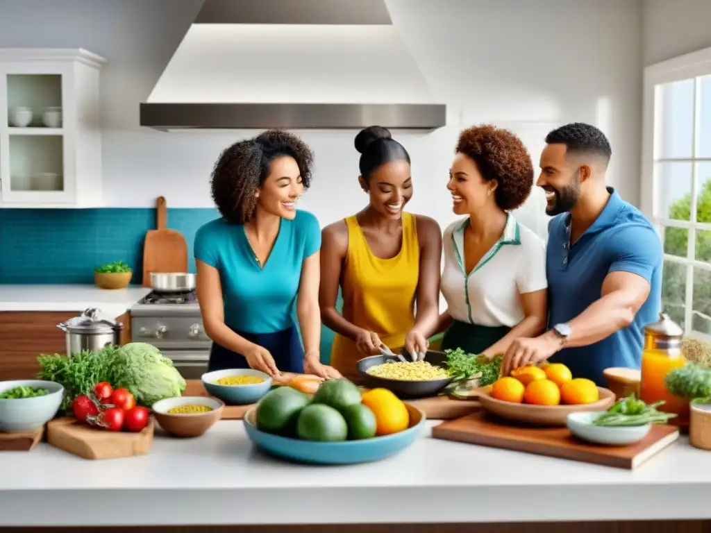 Un grupo diverso de personas prepara y comparte platos sin gluten de libros de cocina, creando una atmósfera de alegría y comunidad en la cocina